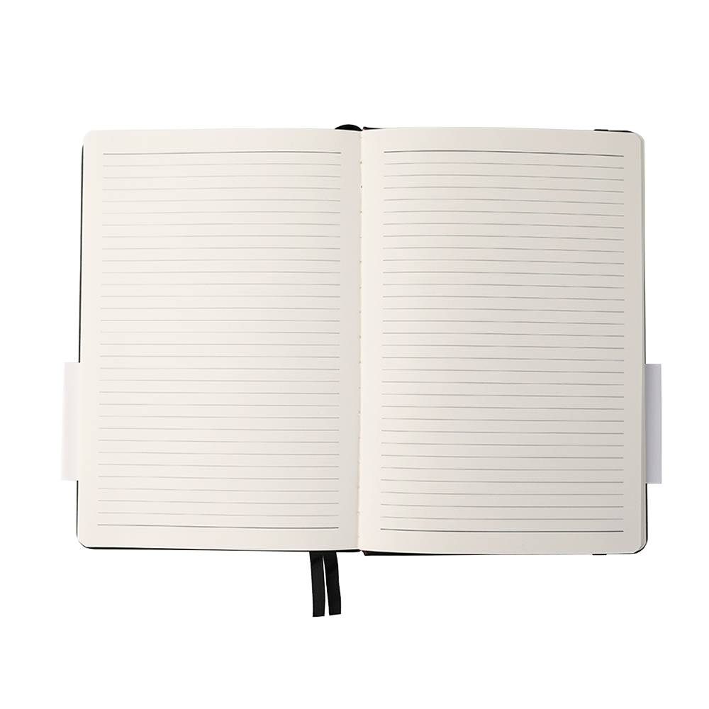 Open notebook with lined pages on a white background