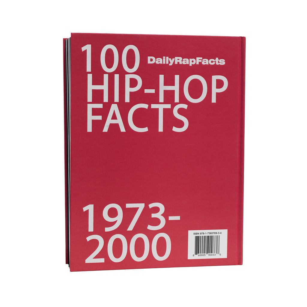 Book titled '100 Hip-Hop Facts 1973-2000' by DailyRapFacts on a white background