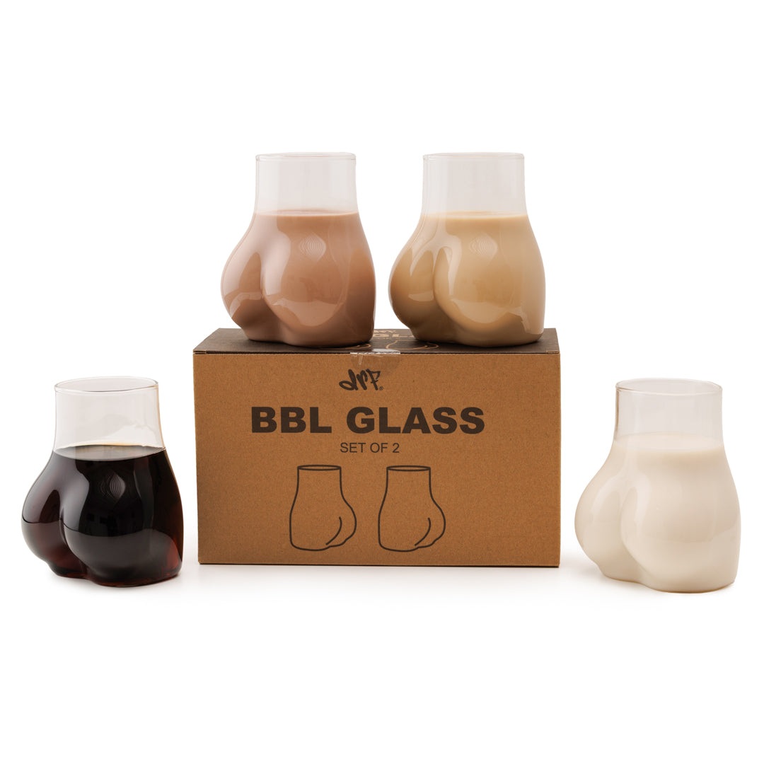 Set of BBL Glass tumblers with different liquids on a white background