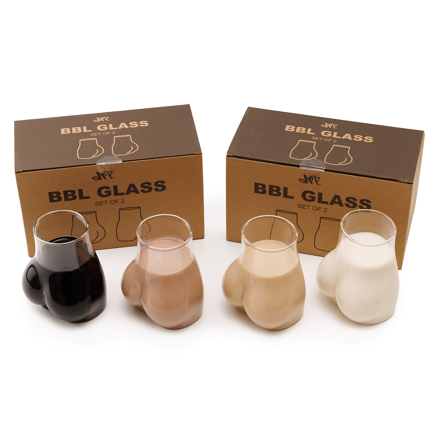 Set of four BBL Glass tumblers with two boxes labeled 'BBL Glass' on a white background.