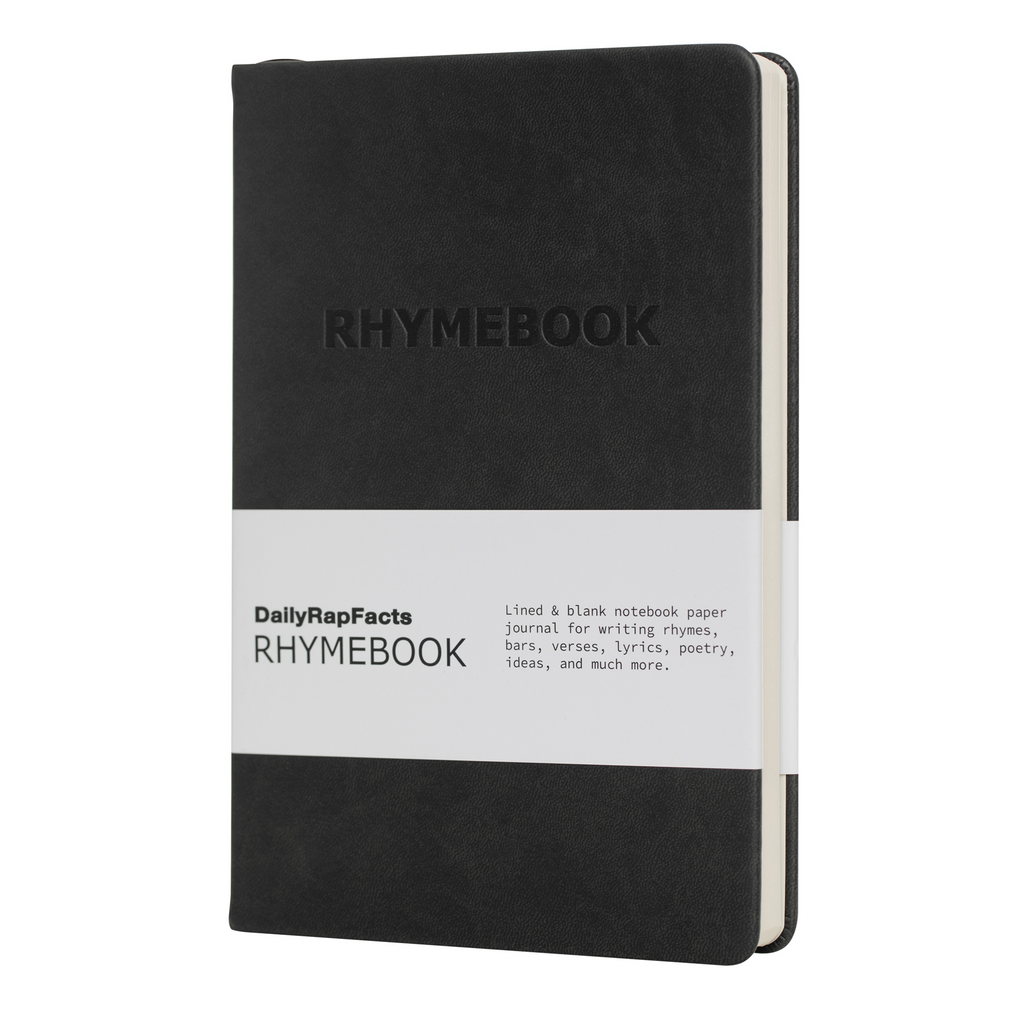 Black notebook with 'RHYMEBOOK' branding on a white background