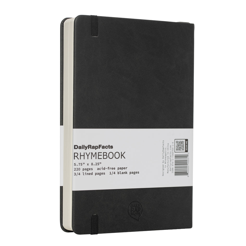 Black notebook with a label on a white background