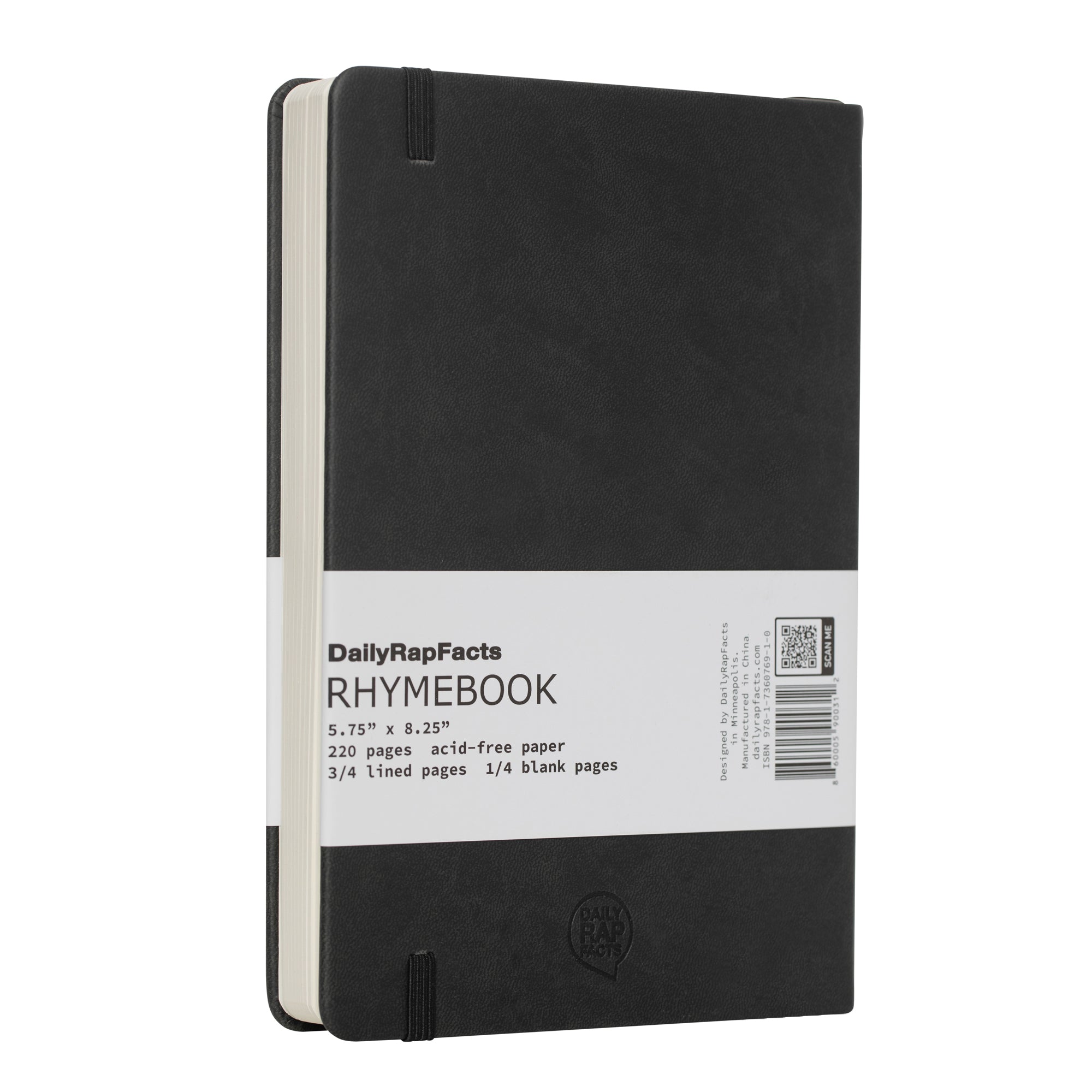 Black notebook with a label on a white background
