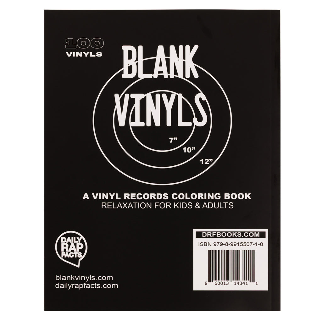 Blank Vinyls coloring book cover with black background and white text