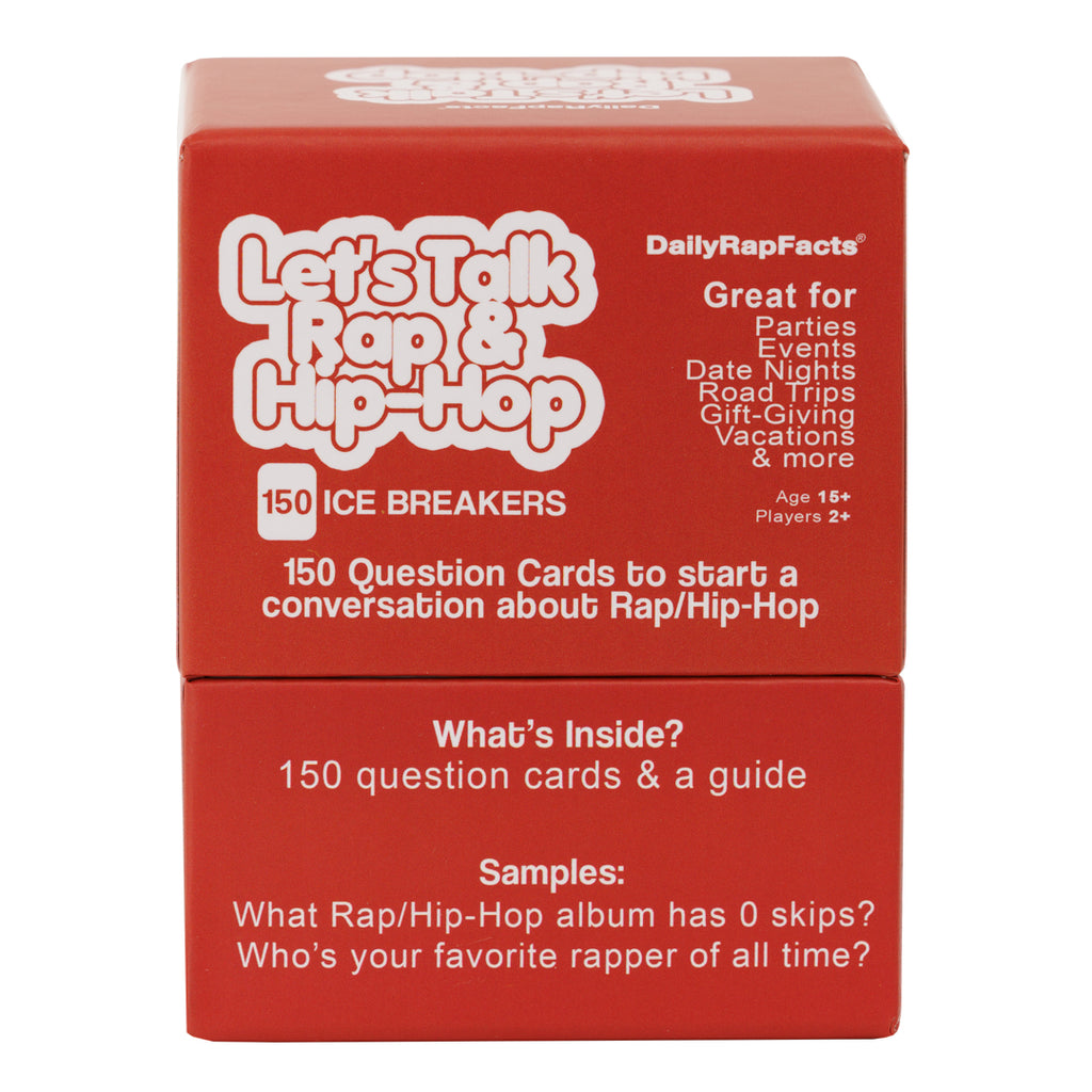 Red box of 'Let's Talk Rap & Hip-Hop' ice breakers with white text on a white background