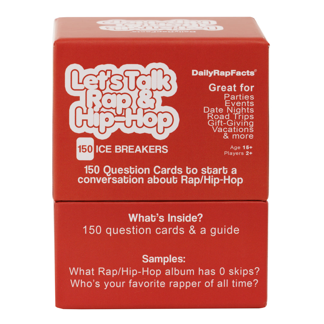 Red box of 'Let's Talk Rap & Hip-Hop' ice breakers with white text on a white background