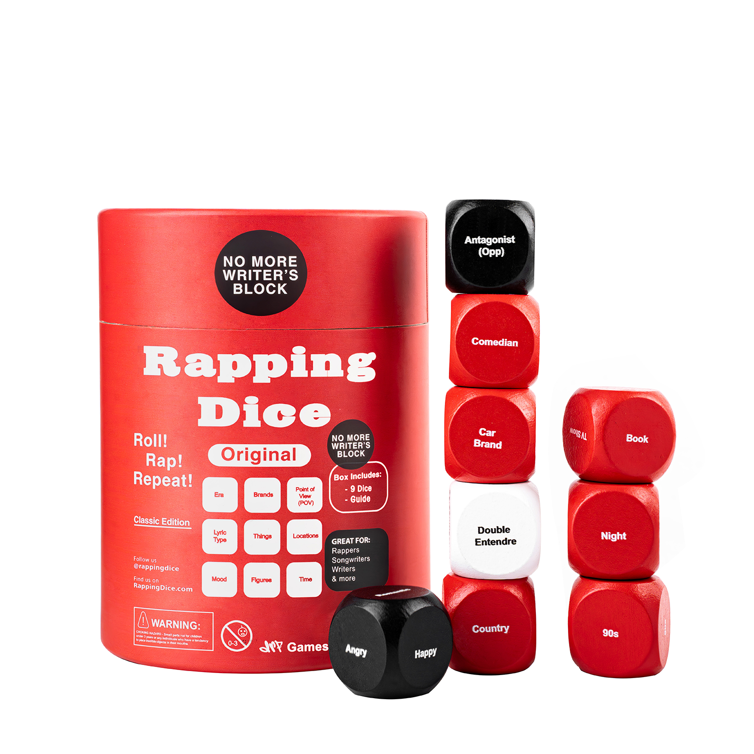 Back of Rapping Dice set with red dice and a red container on a white background