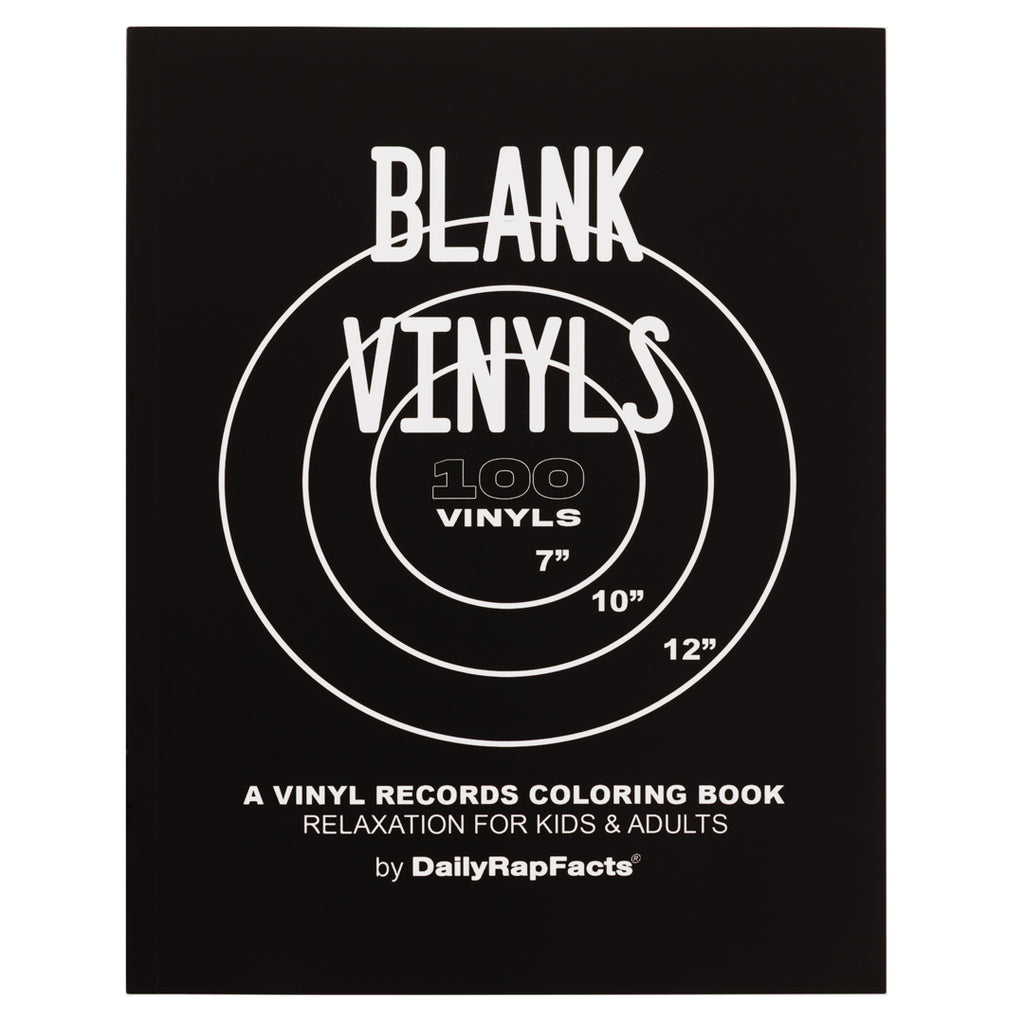 Blank Vinyls coloring book cover with text and vinyl record illustration on a black background