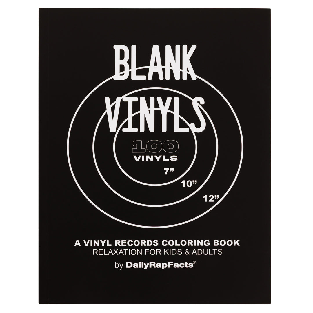 Blank Vinyls coloring book cover with text and vinyl record illustration on a black background