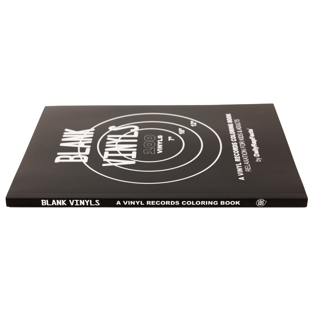 Black coloring book titled 'Blank Vinyls' on a white background