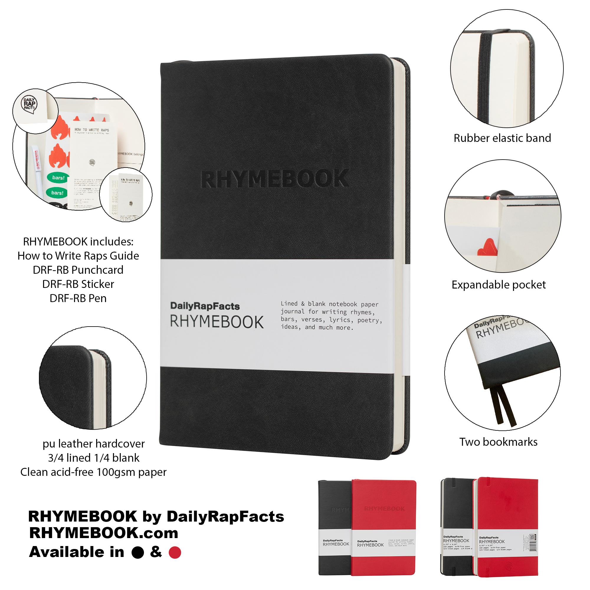 Black notebook with 'RHYMEBOOK' branding, surrounded by feature icons and product details.