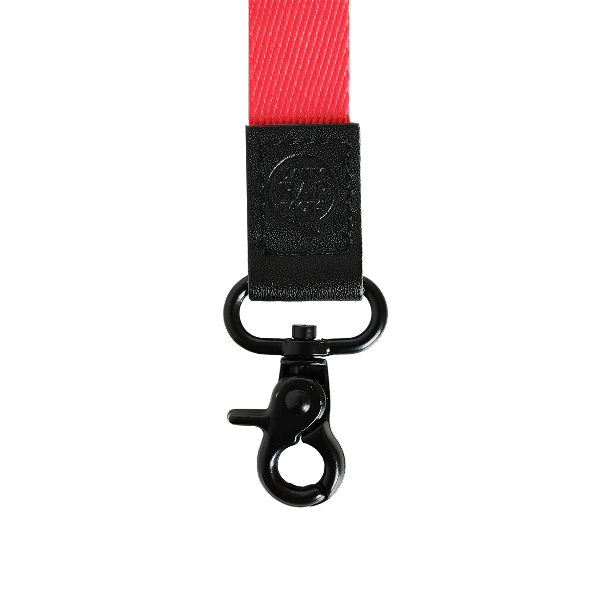 Red lanyard with black clip on a white background