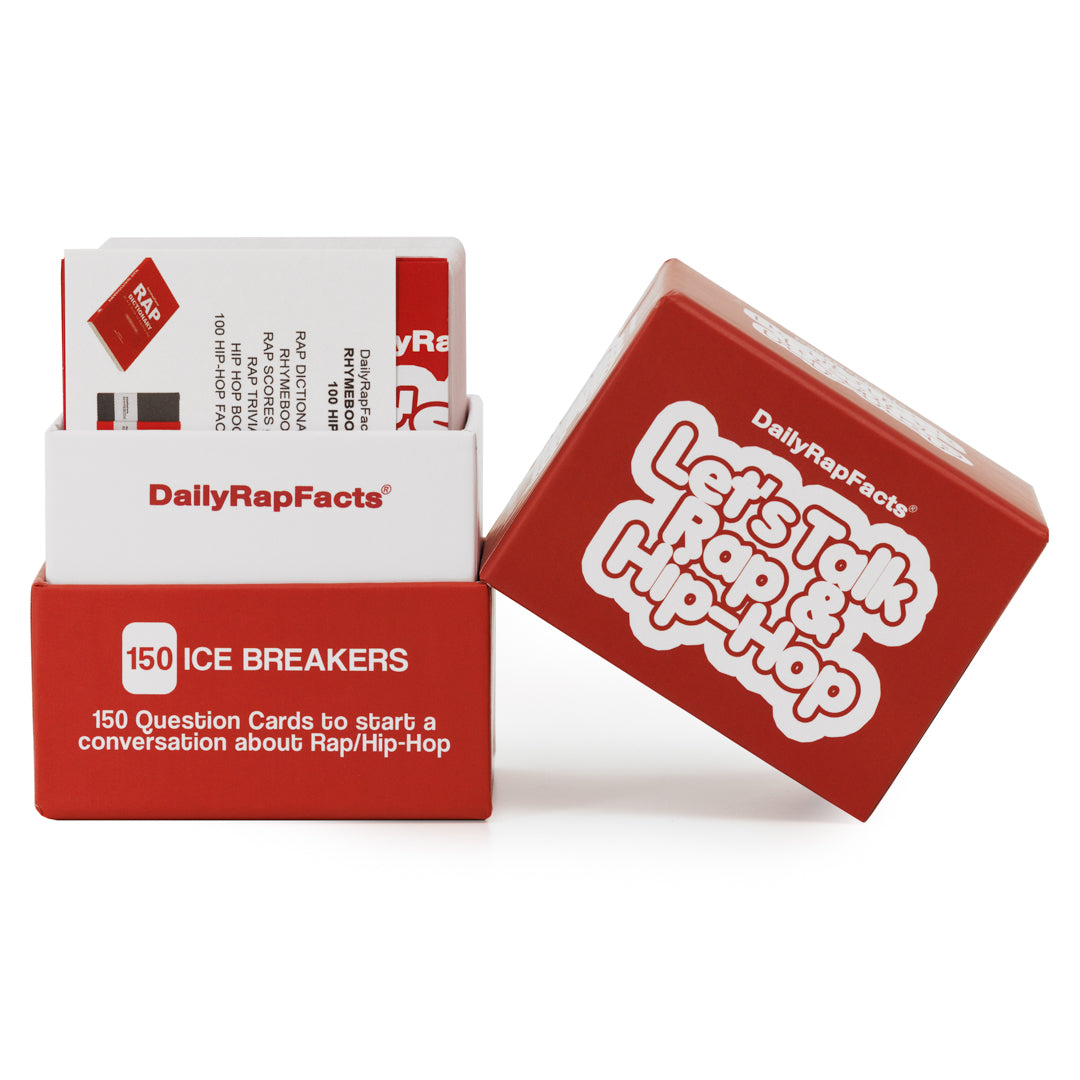 Red box of 'DailyRapFacts' ice breakers cards on a white background