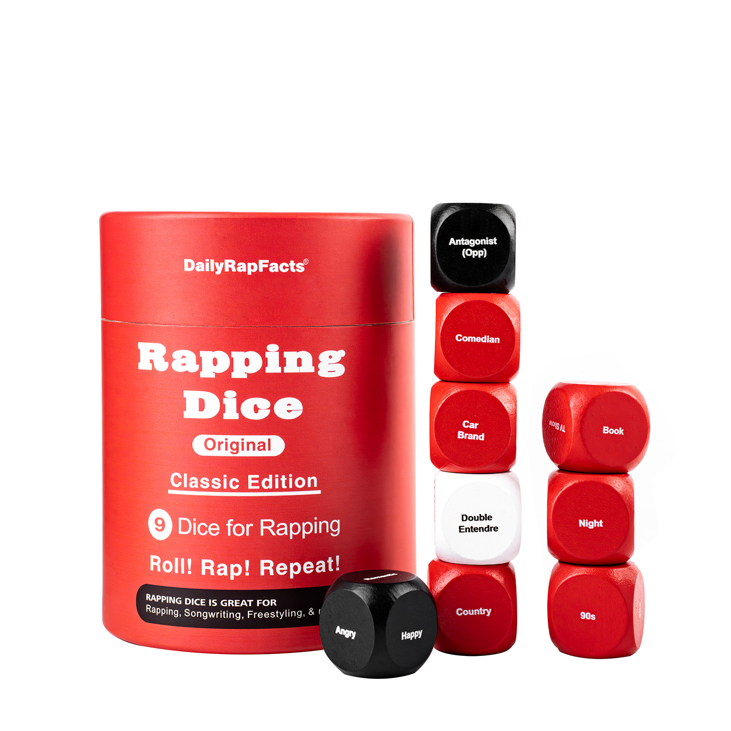 Rapping Dice set with red container and dice on a white background