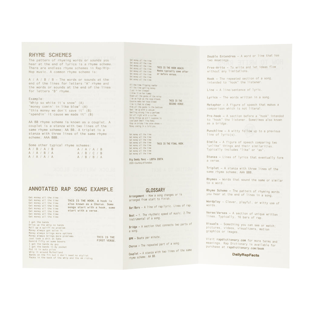 Sheet of paper with text on rhyme schemes, rap song example, and glossary on a white background