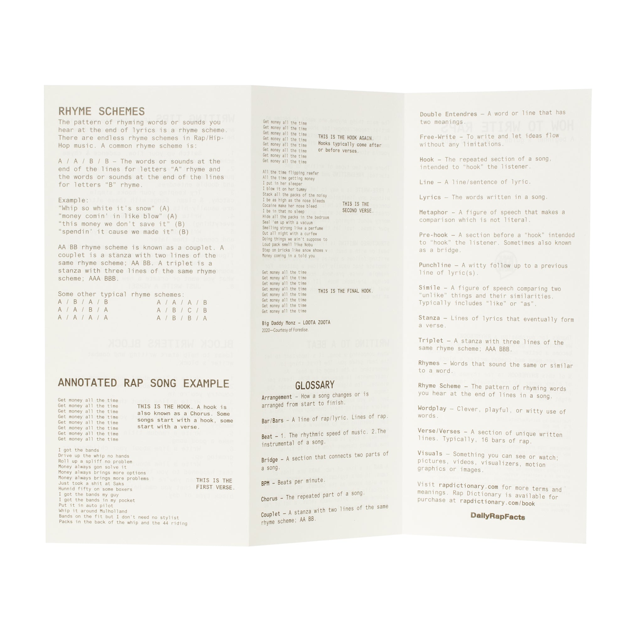 Sheet of paper with text on rhyme schemes, rap song example, and glossary on a white background