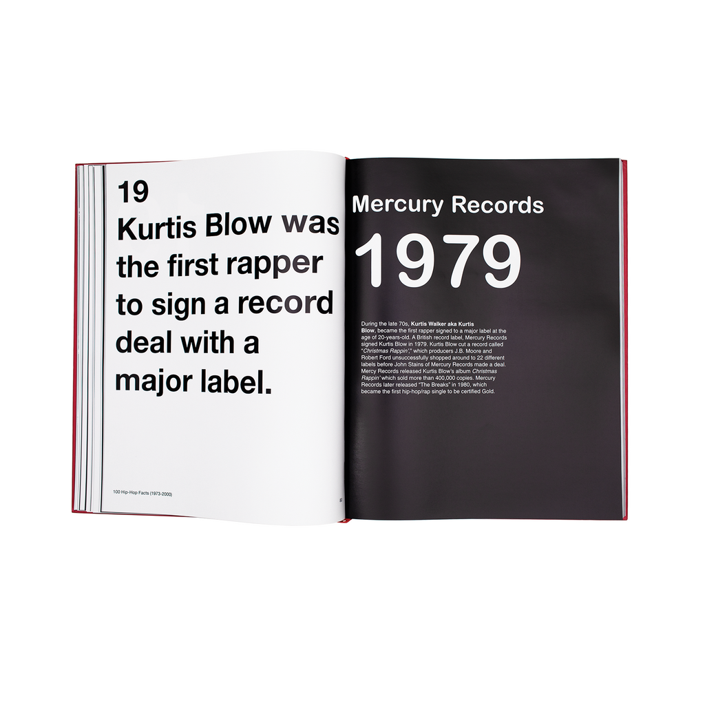 Open book showing text about Kurtis Blow and Mercury Records, with a white background.