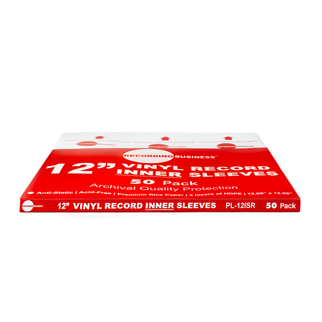 A 50-pack of 12-inch vinyl record inner sleeves by Recording Business, shown in a red and white cardboard box on a plain white background