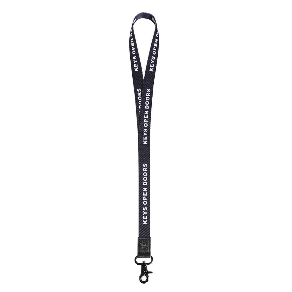 Black lanyard with 'Keys Open Doors' text on a white background