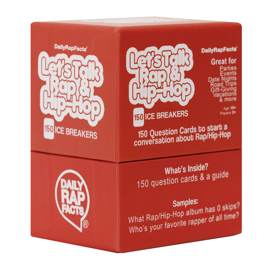 Red box of 'Let's Talk Rap & Hip-Hop' ice breakers with white text on a white background