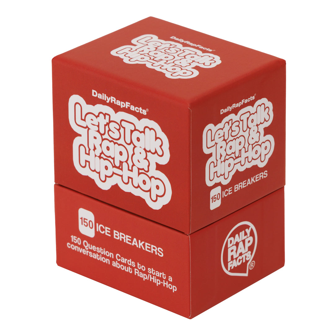 Red box of 'Let's Talk Rap & Hip Hop' ice breakers with white text on a white background