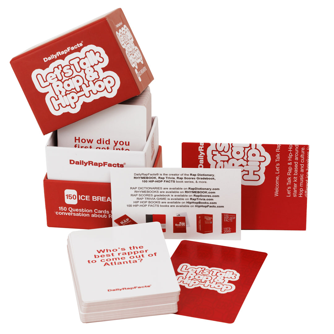Rap-themed card game set with red and white cards and packaging on a white background