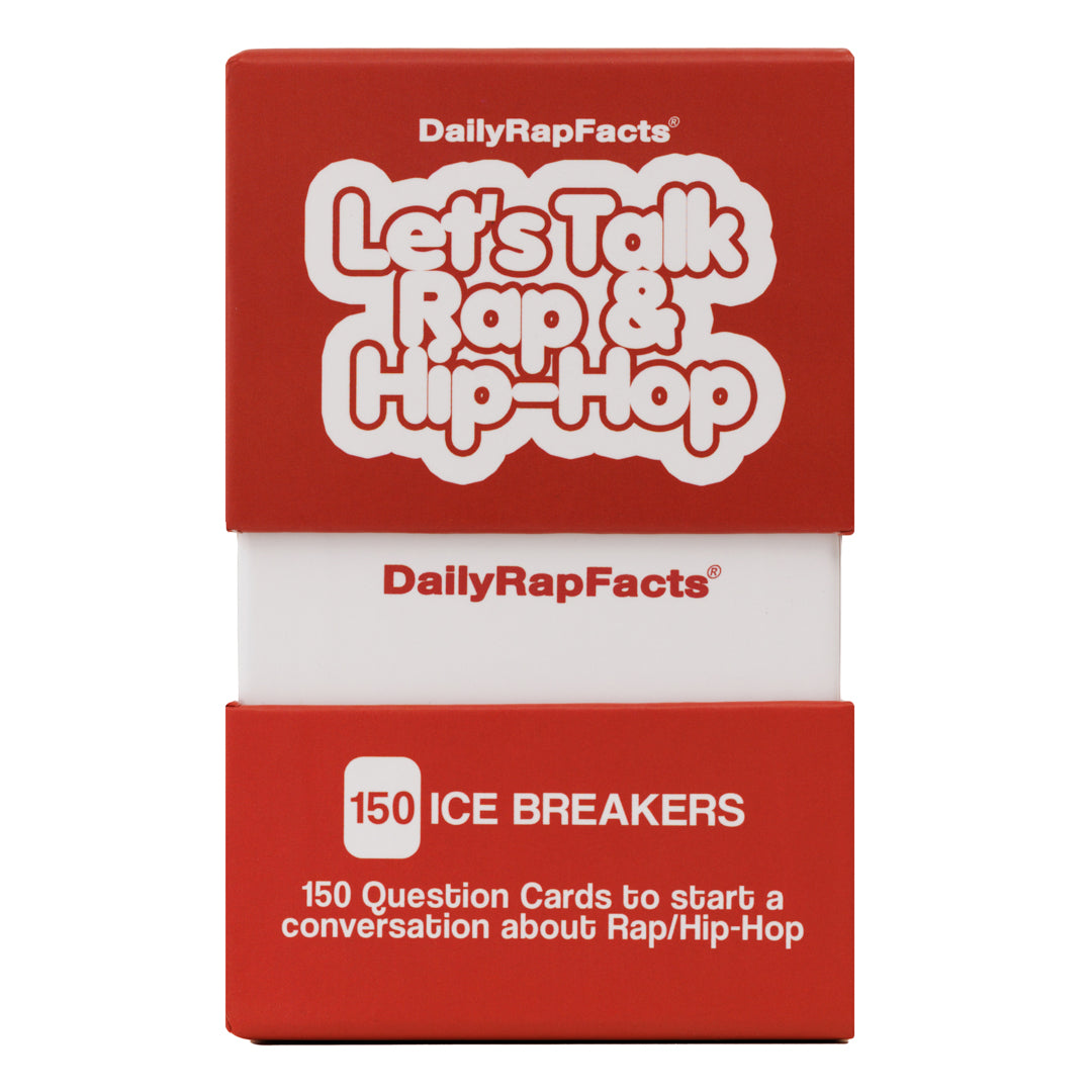 Red card deck packaging with 'Let's Talk Rap & Hip-Hop' text on a white background