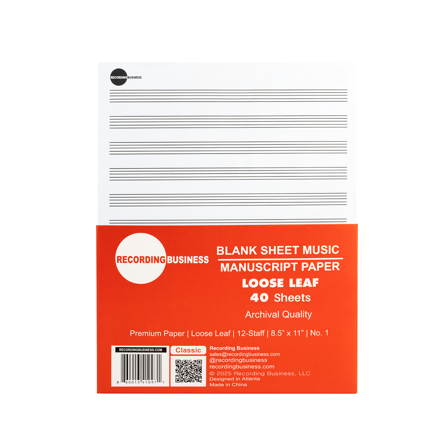 Blank Sheet Music - LOOSE LEAF Manuscript Paper (40 Sheets)