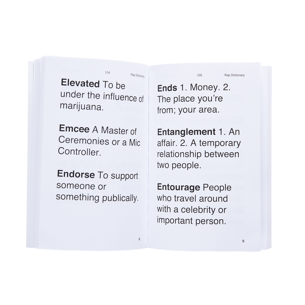 Open book with definitions of Rap Slang words on a white background