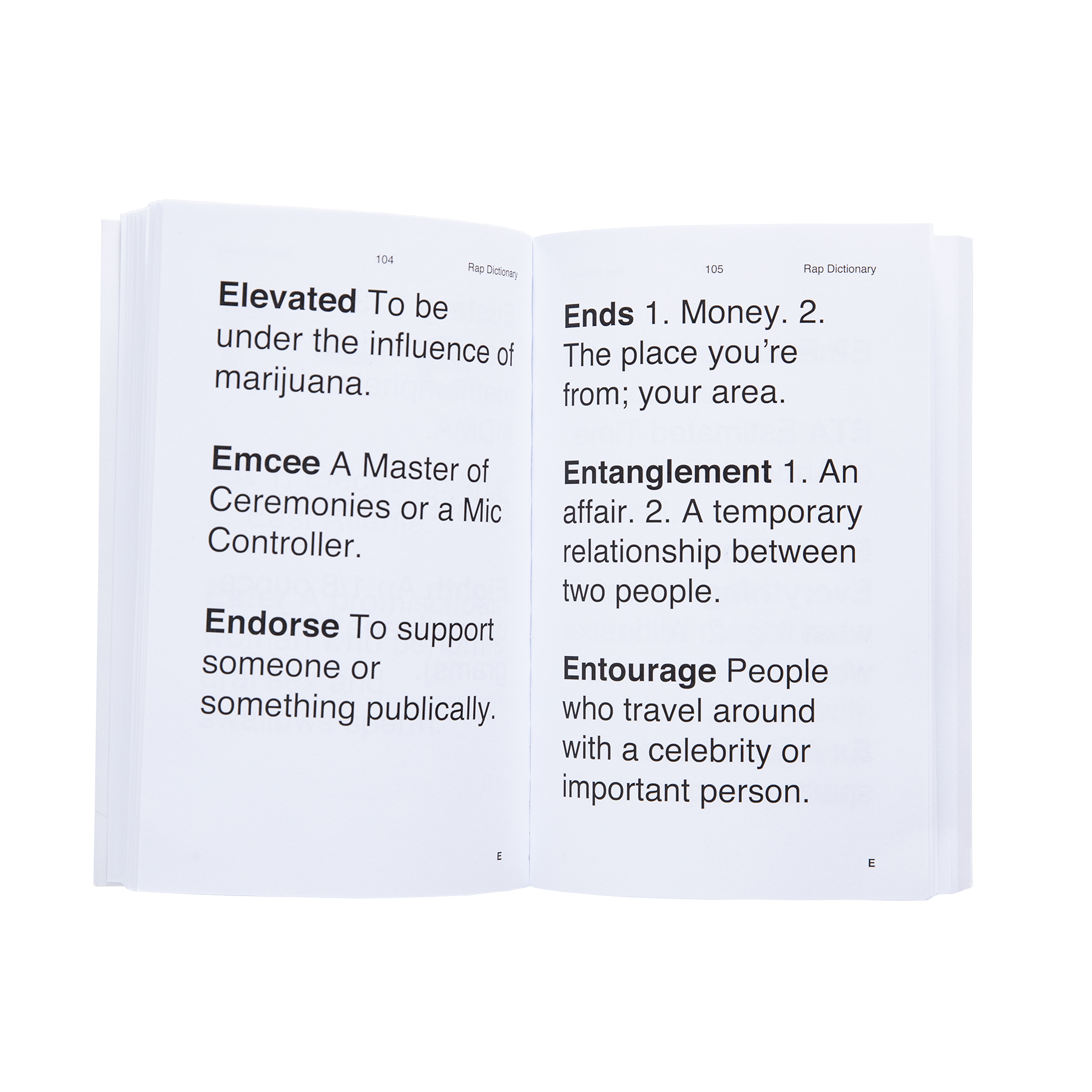 Open book with definitions of Rap Slang words on a white background