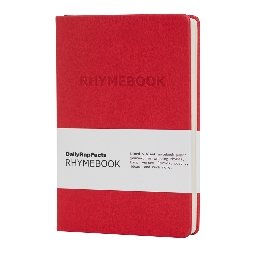 Red notebook with 'RHYMEBOOK' branding on a white background