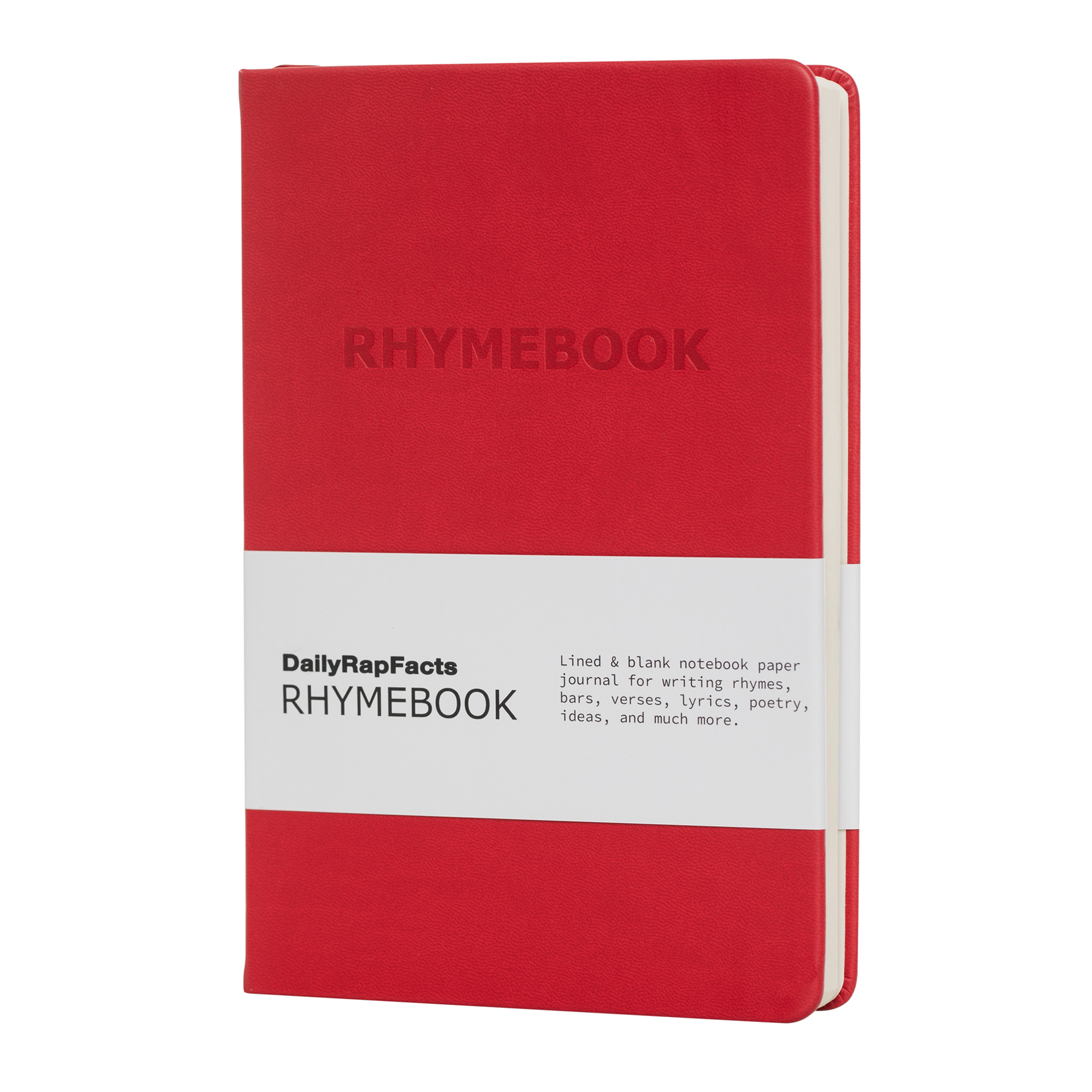 Red notebook with 'RHYMEBOOK' branding on a white background