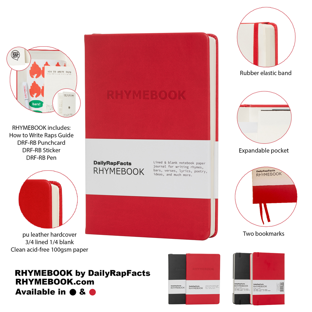Red notebook with 'RHYMEBOOK' branding and features listed on a white background