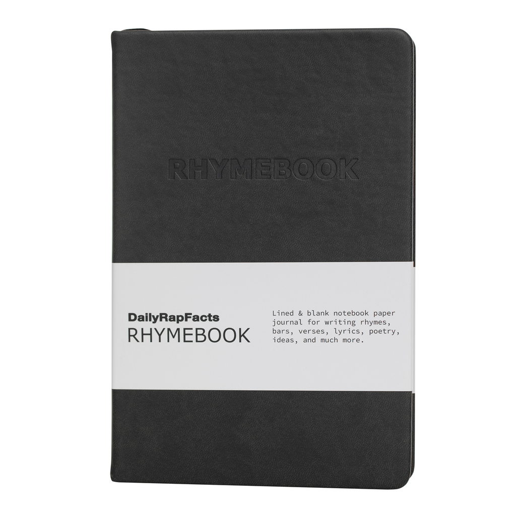 Black and white notebook with 'Rhymebook' branding on a white background