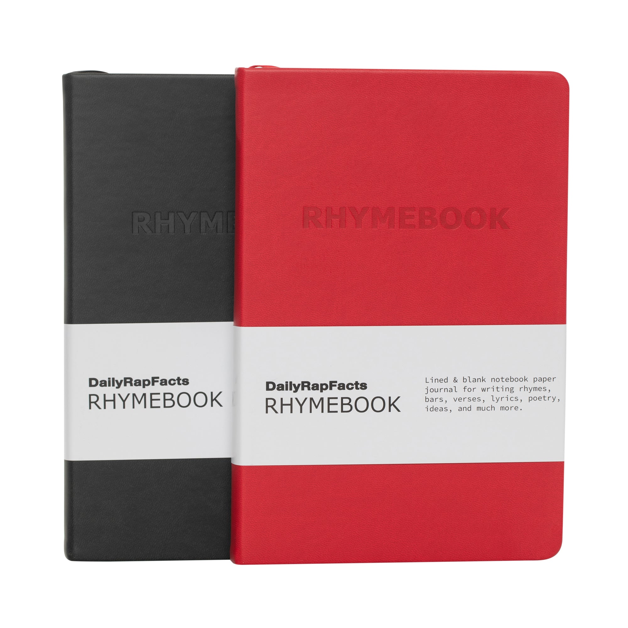 Two notebooks, one black and one red, with 'RHYMEBOOK' branding on a white background.