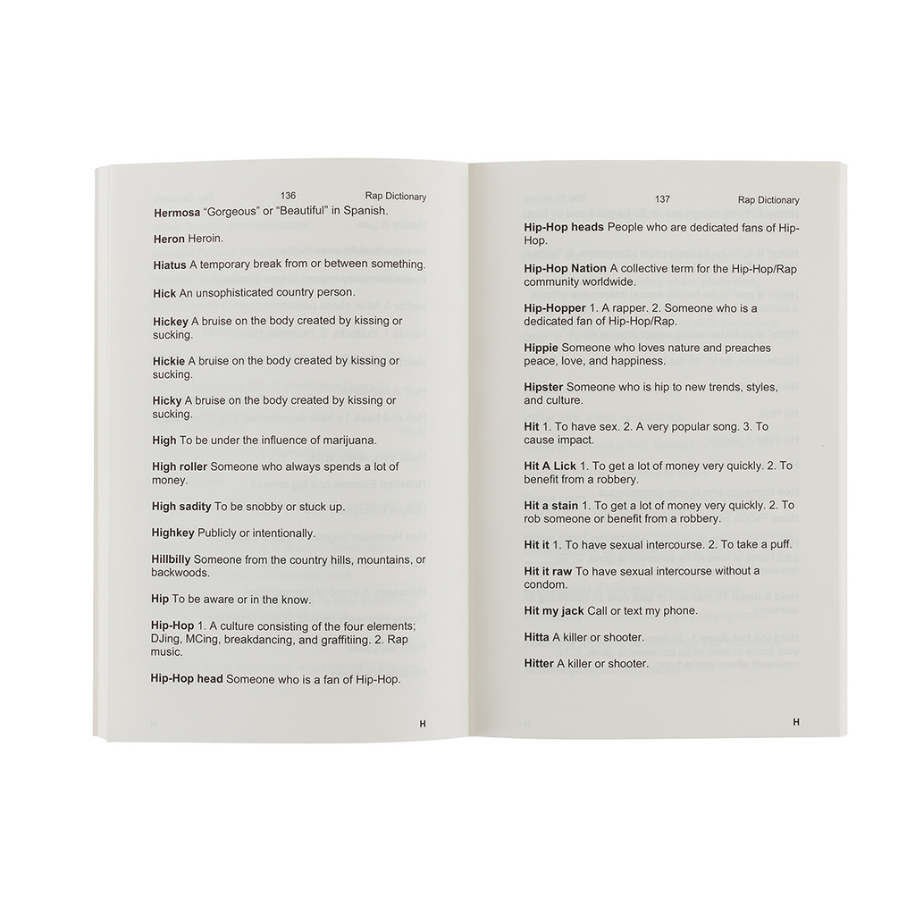 Open book showing pages with Rap Dictionary text definitions on a white background