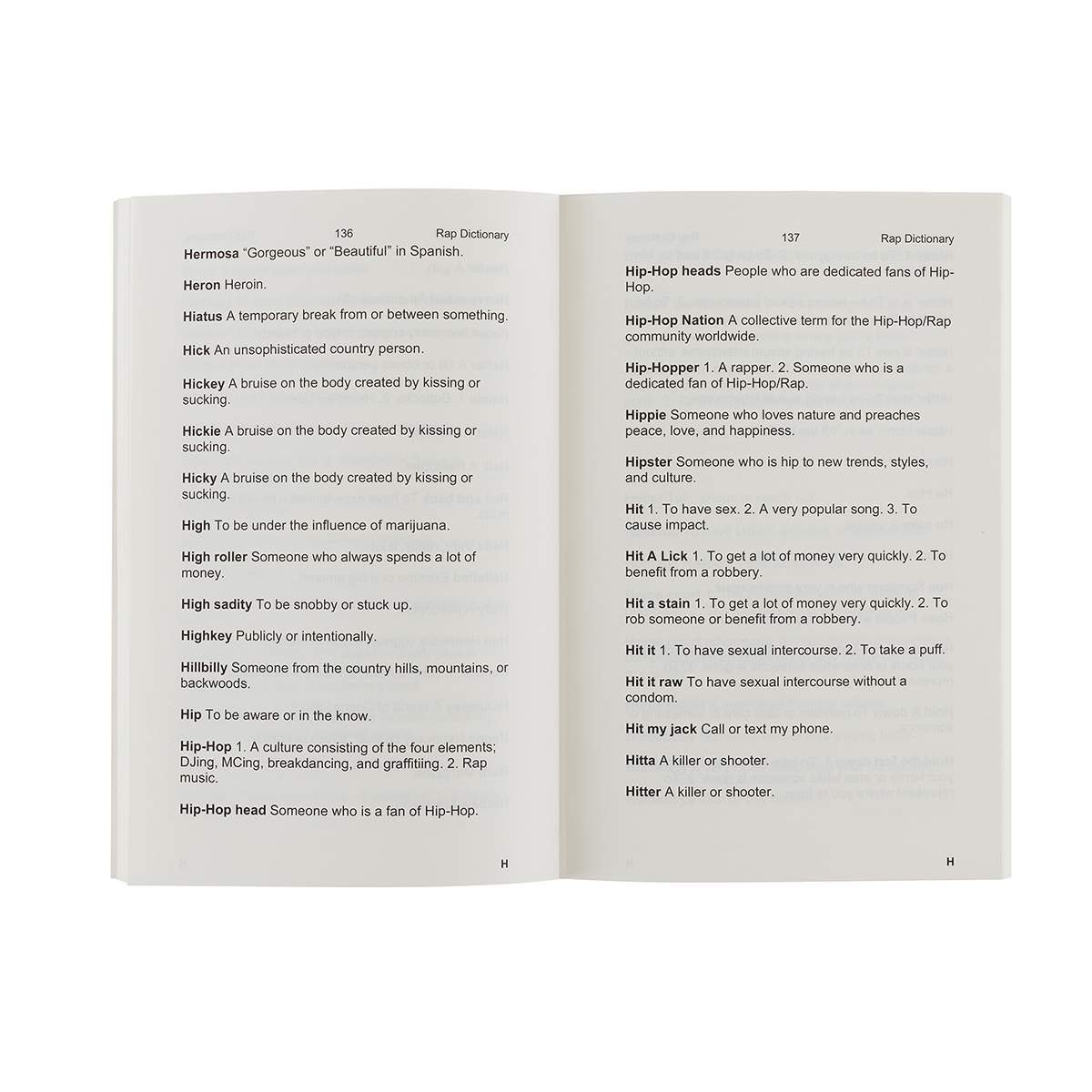 Open book showing pages with Rap Dictionary text definitions on a white background