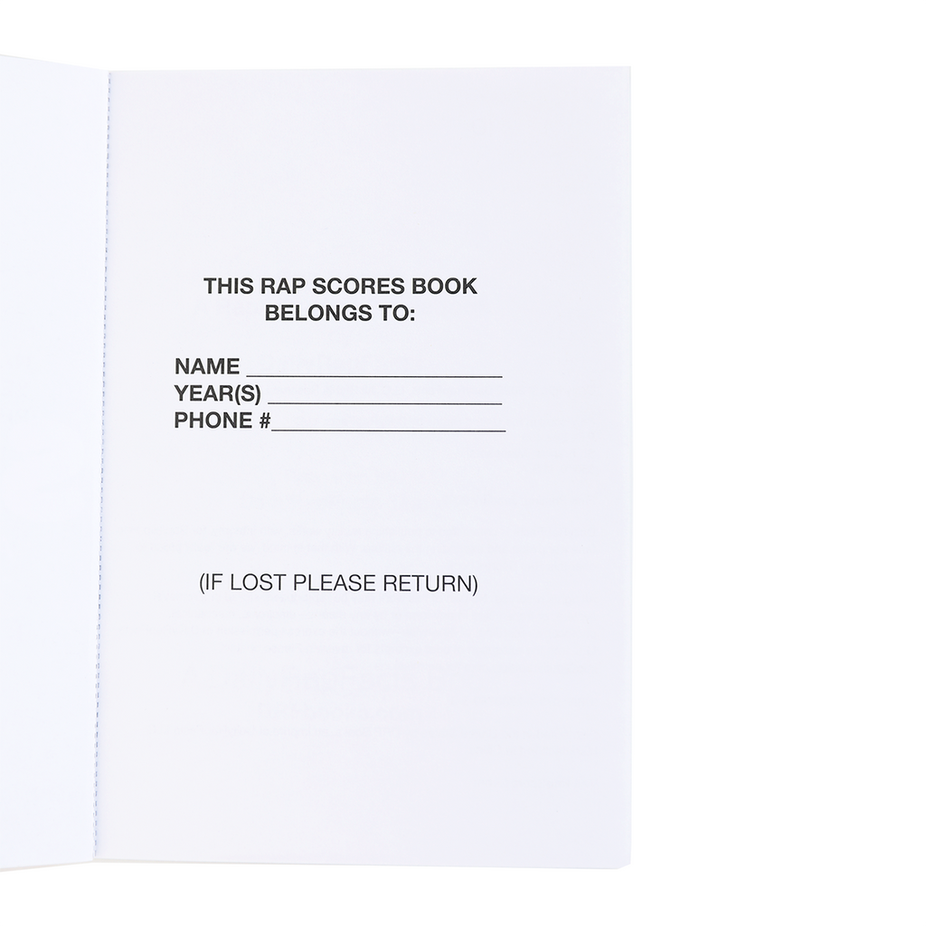 Rap Scores book cover with text fields for name, years, phone number, and lost return information.