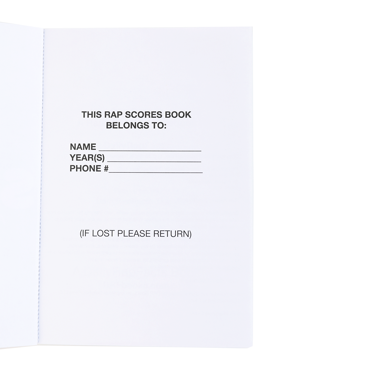 Rap Scores book cover with text fields for name, years, phone number, and lost return information.