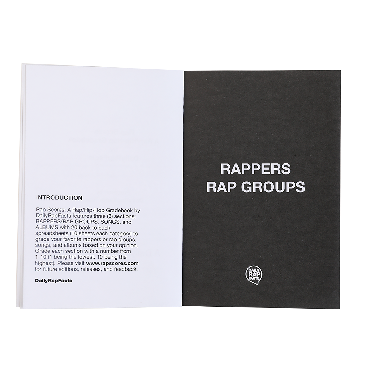 Open book showing pages about rappers and rap groups with a black and white design