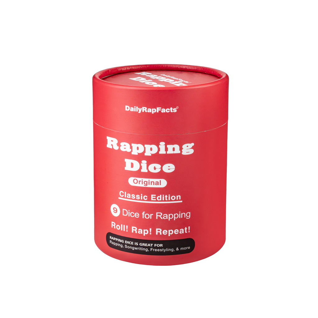 Red container of 'Rapping Dice' with white text on a white background