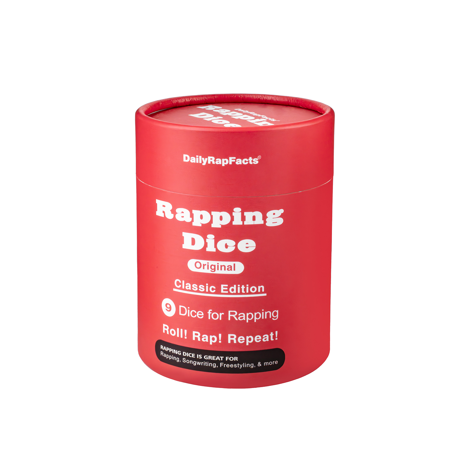 Red container of 'Rapping Dice' with white text on a white background