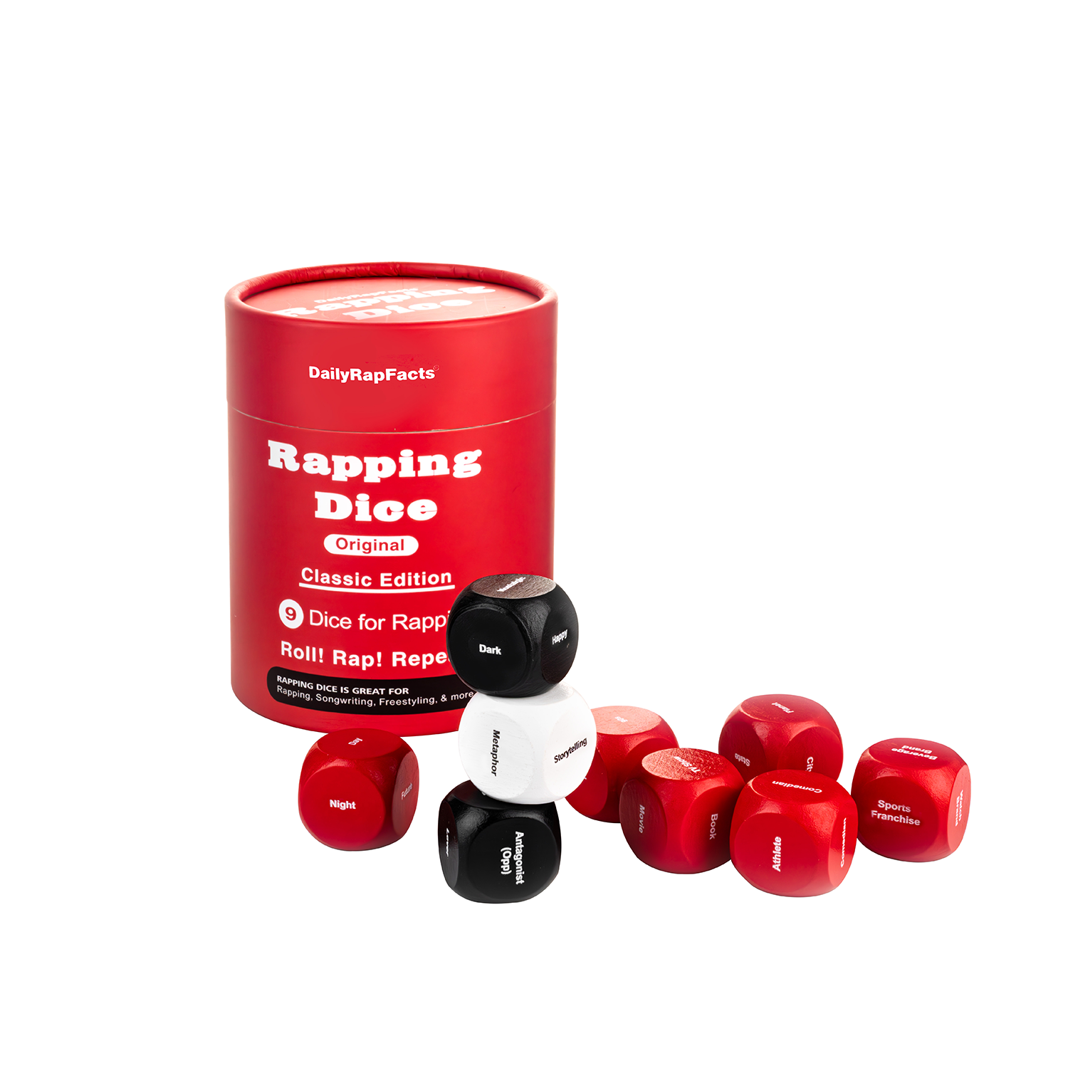 Rapping Dice set with red and black dice and a red cylindrical container on a white background