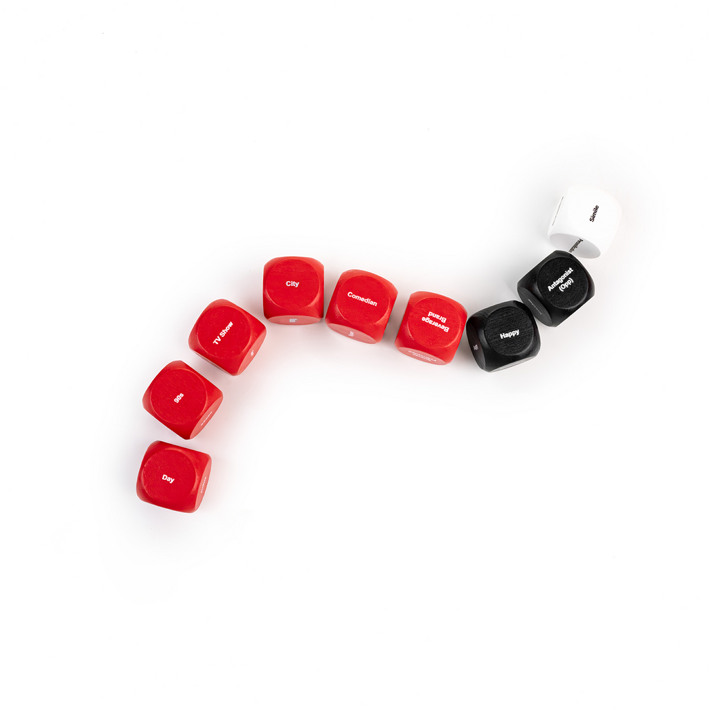 Red dice with 'one' through 'six' and black dice with 'seven' on a white background