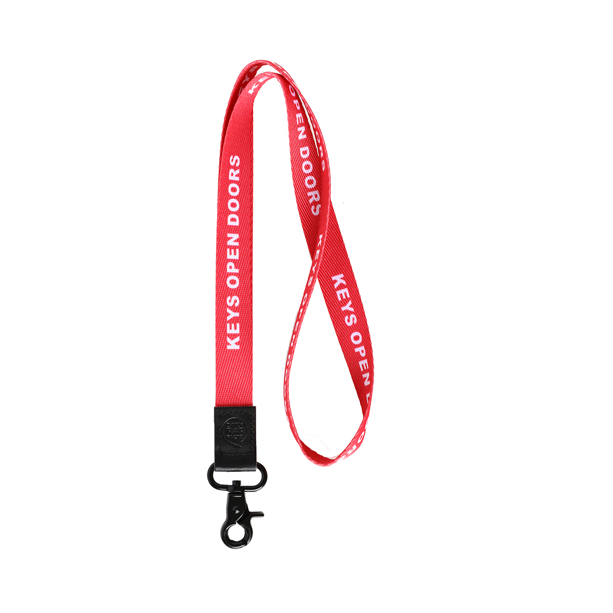 Red lanyard with 'Keys Open Doors' text on a white background